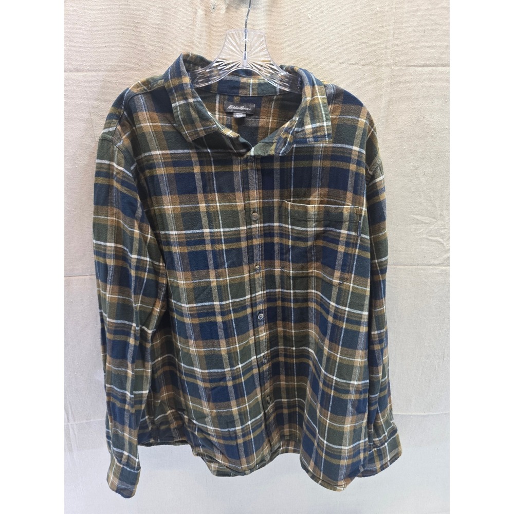 Eddie Bauer Mens XL Green Navy Plaid Flannel Long Sleeve Button Down Shirt